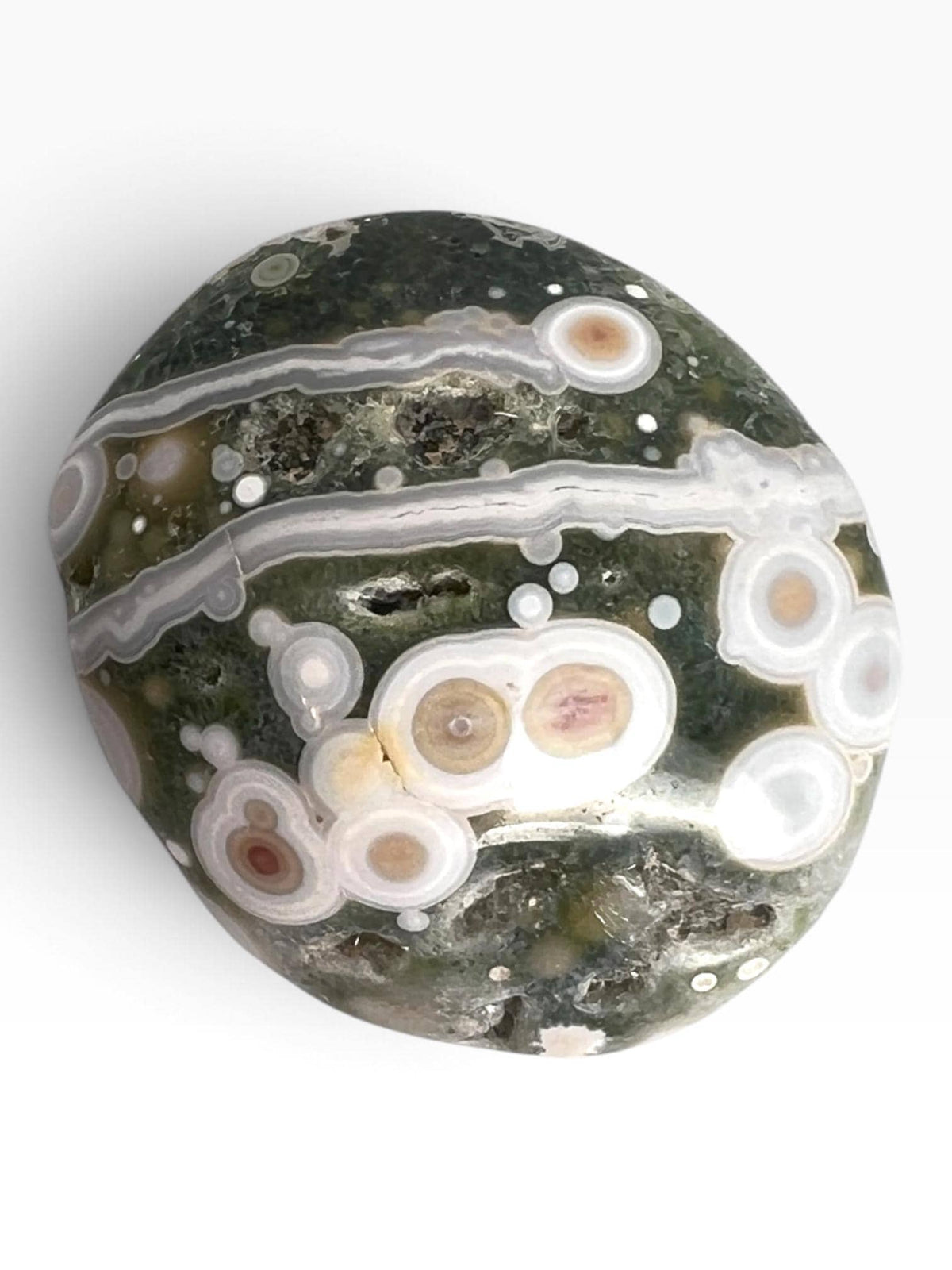Ocean Jasper Palm Stone: Large Vein 5-6 crystal with Bullseye Orbs