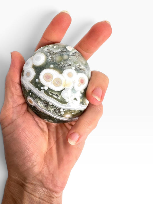 Ocean Jasper Palm Stone: Large Vein 5-6 crystal with Bullseye Orbs