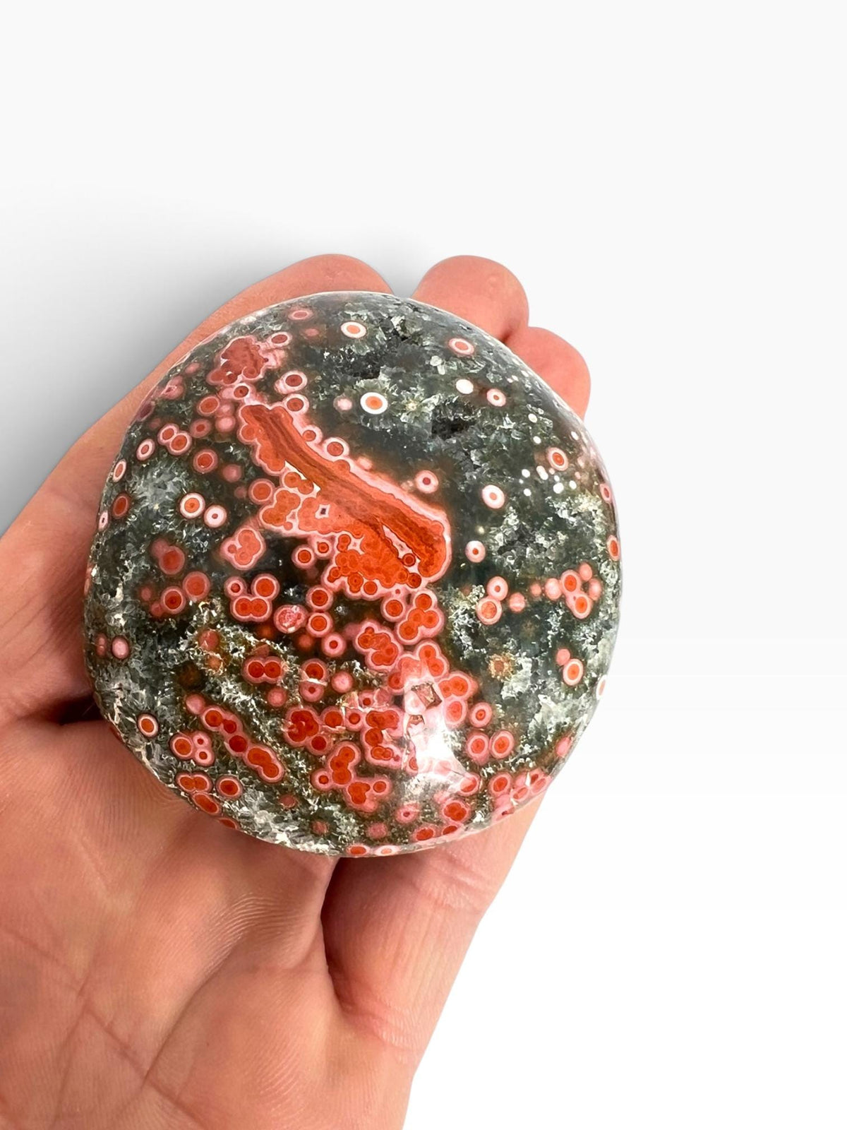 Authentic Ocean Jasper Large Palm Stone : Early Vein Pink Collector Piece