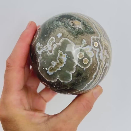 Ocean Jasper Sphere: Large Unique Flower Orb Vein 1-2