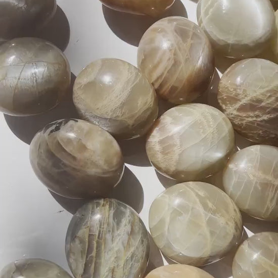Peach Moonstone Palm Stone: Small Iridescent Polished Madagascar Feldspar