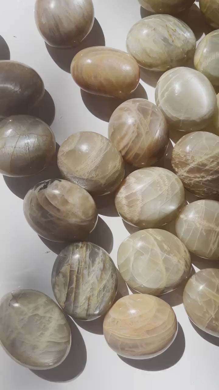 Peach Moonstone Palm Stone: Small Iridescent Polished Madagascar Feldspar