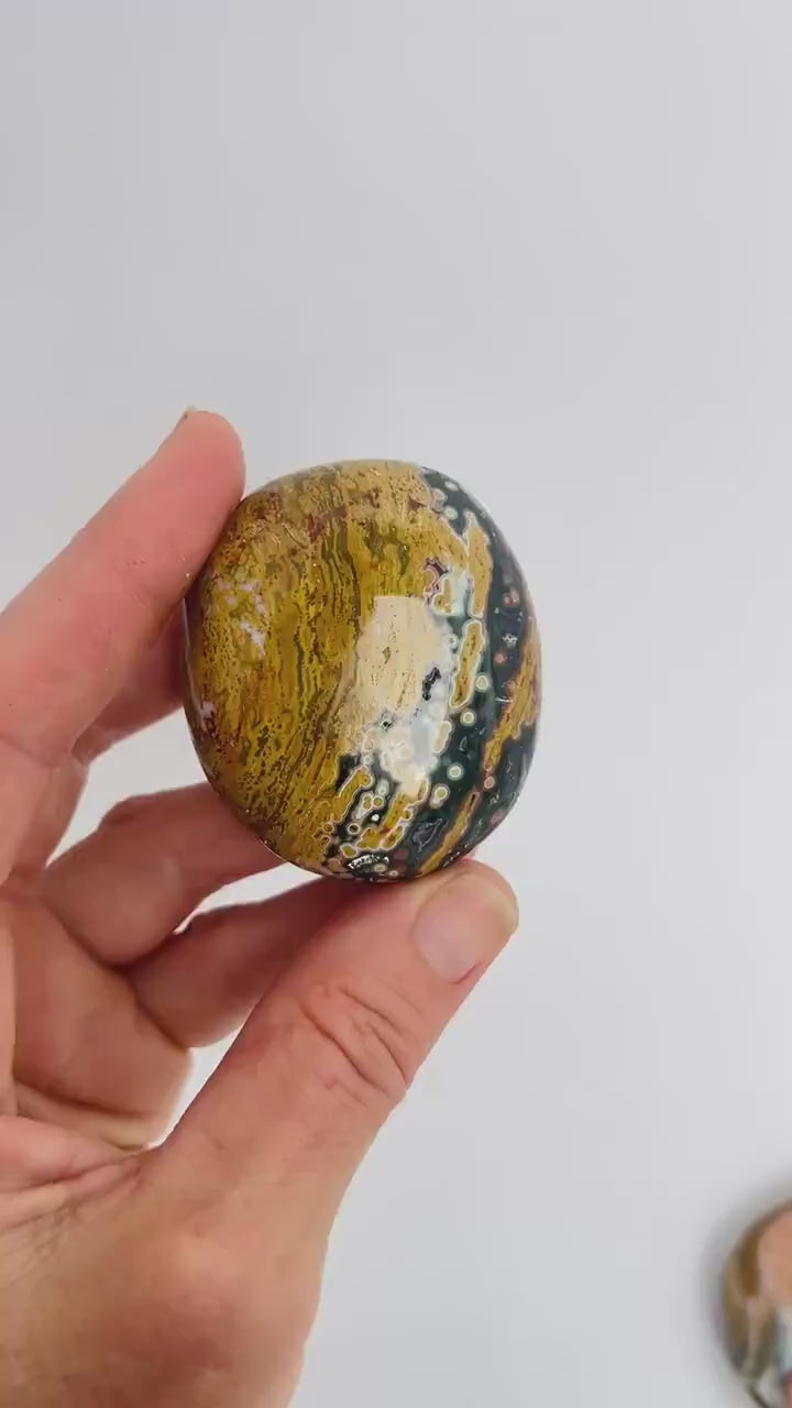Marovato Ocean Jasper Palm Stone - Veinless Orbicular Jasper from Madagascar
