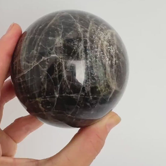 Black Moonstone Sphere : Flashy Adularescent Crystal Ball with Rainbow