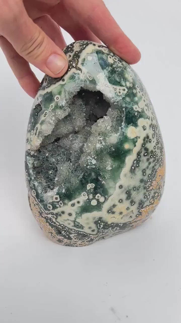 Rare Early Vein Ocean Jasper Free Form – Large Green Yellow Druzy Collector Crystal
