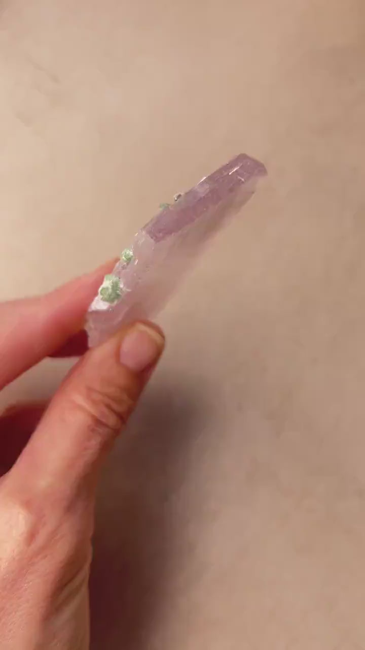 Kunzite Crystal with Green Tourmaline: Raw Spodumene from Afghanistan