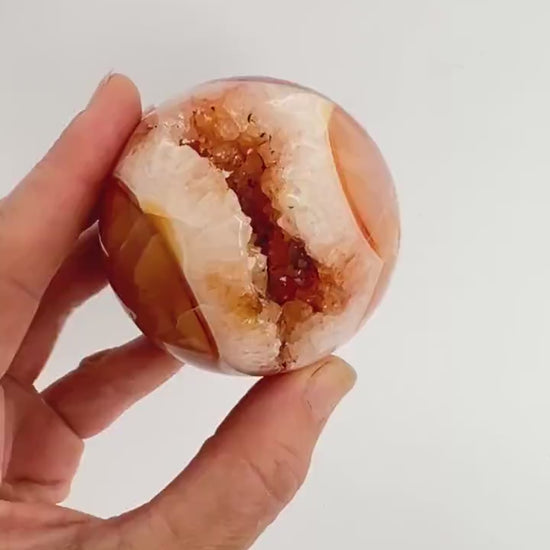 Carnelian Crystal Sphere: Large Madagascar Agate with Quartz  Druzy
