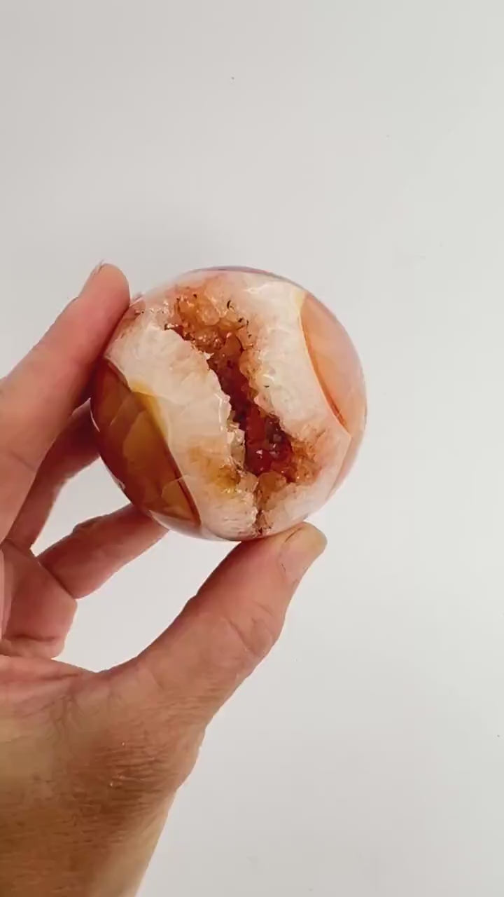 Carnelian Crystal Sphere: Large Madagascar Agate with Quartz  Druzy