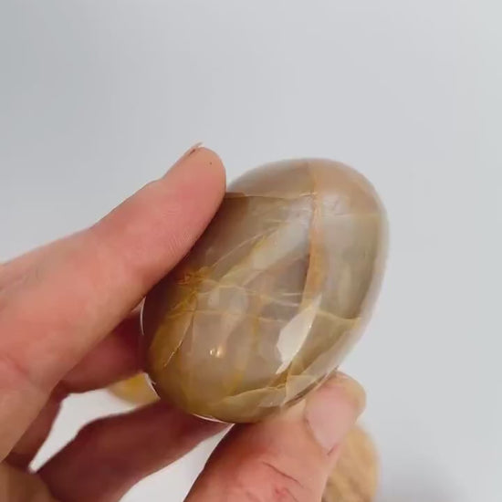 Peach Moonstone Palm Stone: Large Iridescent Polished Madagascar Feldspar