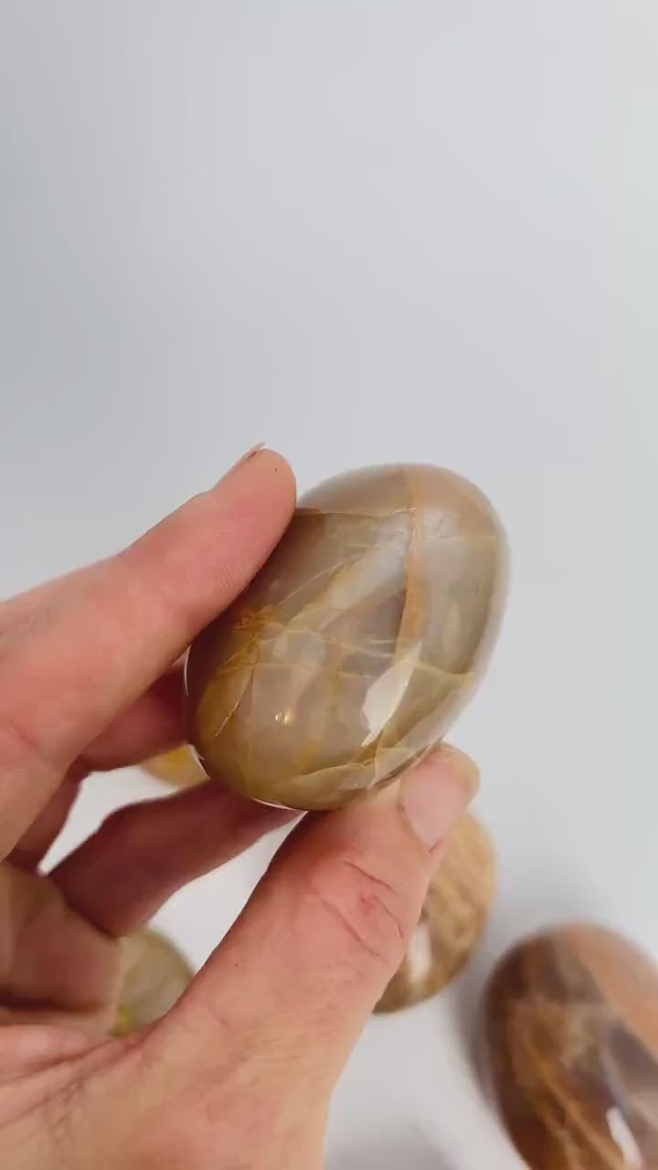 Peach Moonstone Palm Stone: Large Iridescent Polished Madagascar Feldspar