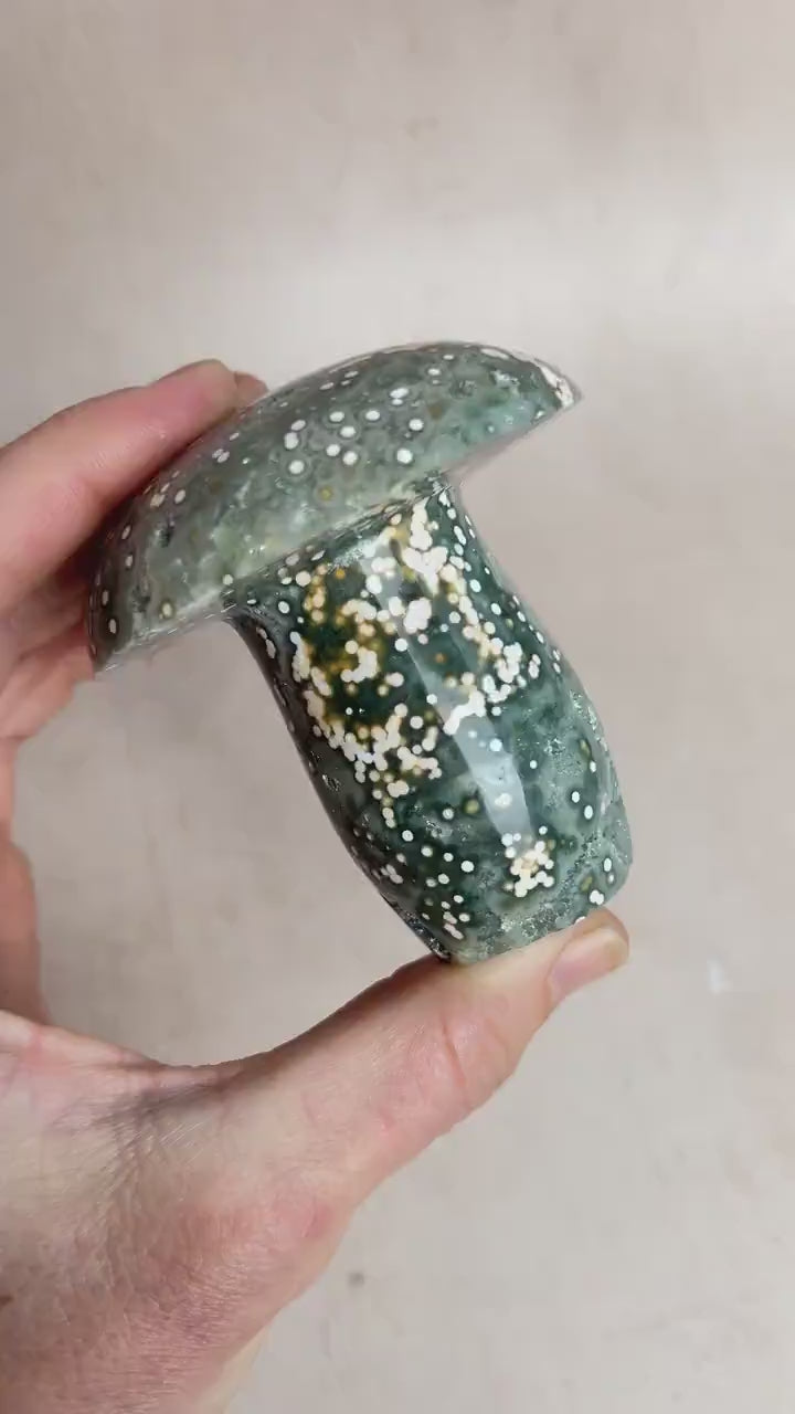 Hand Carved Ocean Jasper Mushroom: Veinless Green Druze