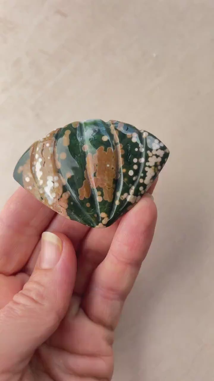 Rare Ocean Jasper Sea Shell Carving: Earthy Boho Beach Decor Specimen