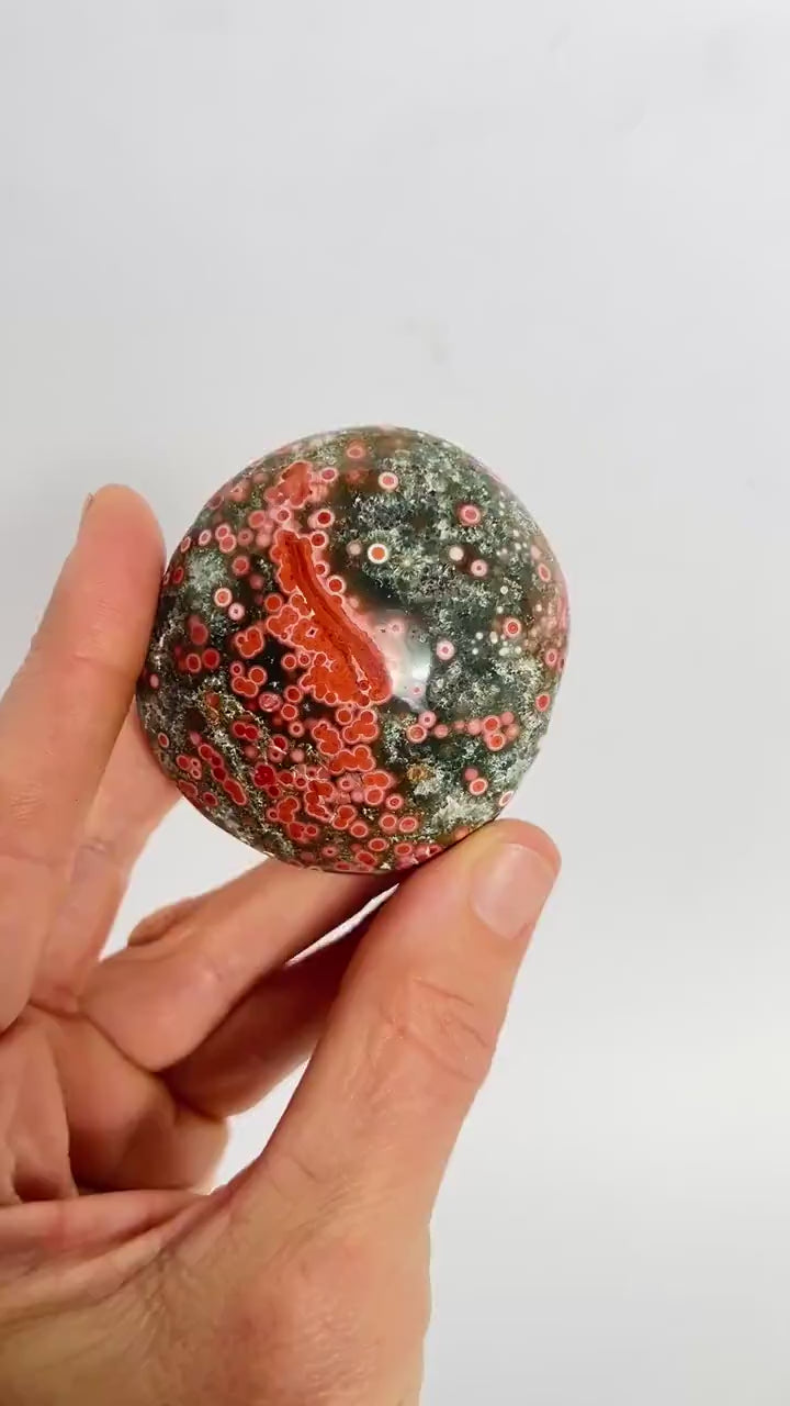Authentic Ocean Jasper Large Palm Stone : Early Vein Pink Collector Piece