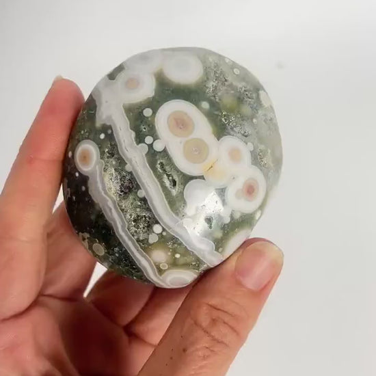 Ocean Jasper Palm Stone: Large Vein 5-6 crystal with Bullseye Orbs