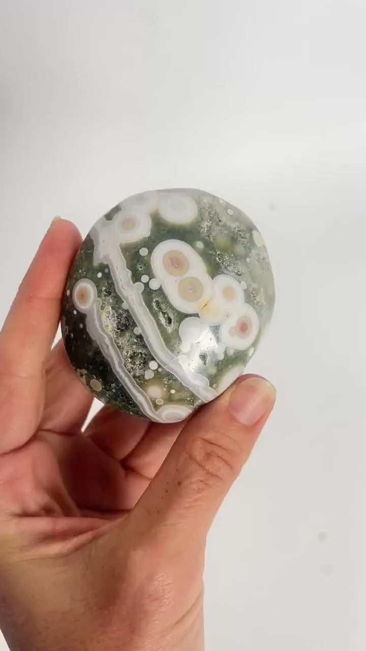 Ocean Jasper Palm Stone: Large Vein 5-6 crystal with Bullseye Orbs