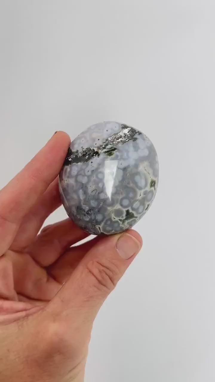 Marovato Ocean Jasper Palm Stone - Vein 8 Orbicular Jasper from Madagascar